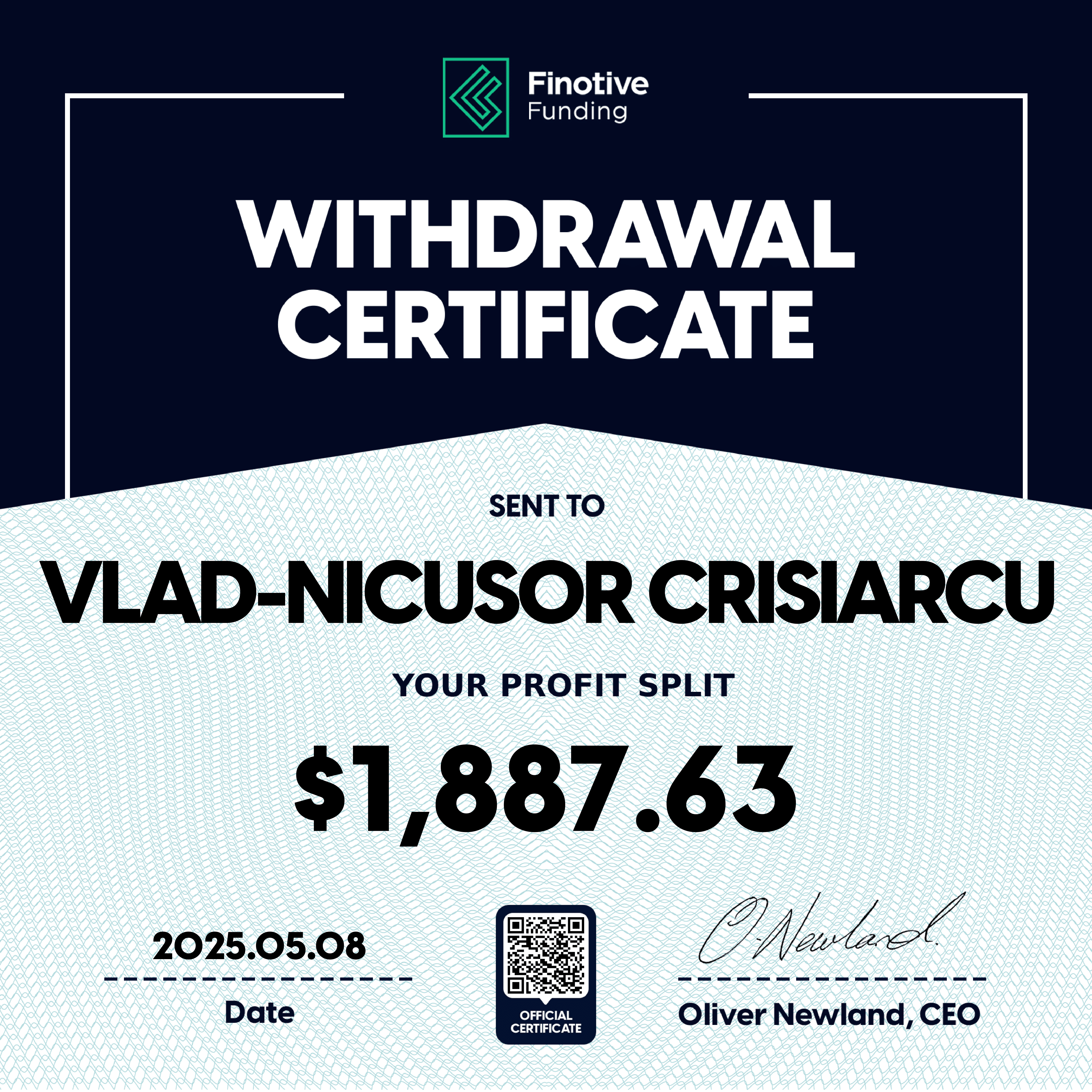 Verified prop firm payout certificate #7 issued to Vlad-Nicusor Crisiarcu