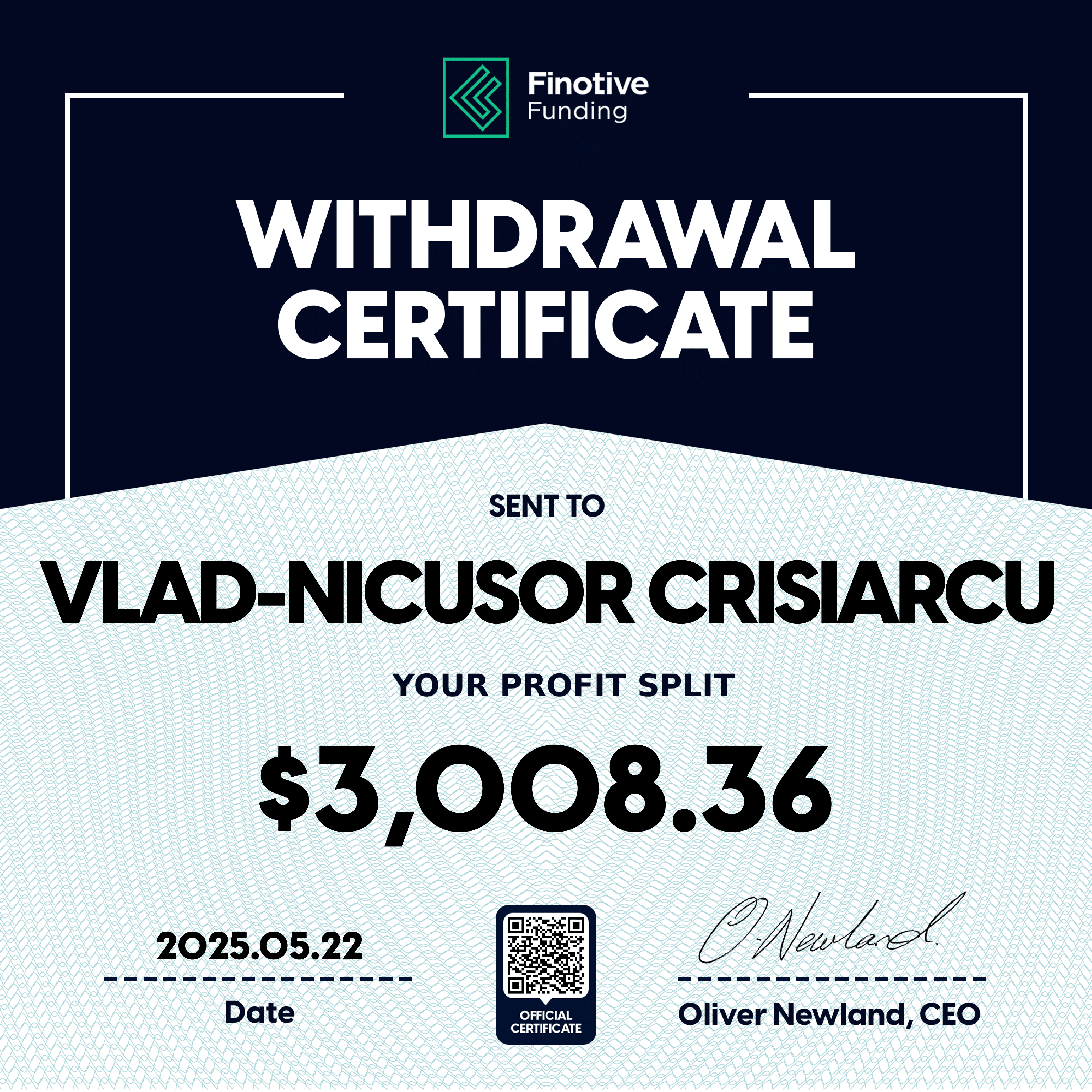 Verified prop firm payout certificate #2 issued to Vlad-Nicusor Crisiarcu