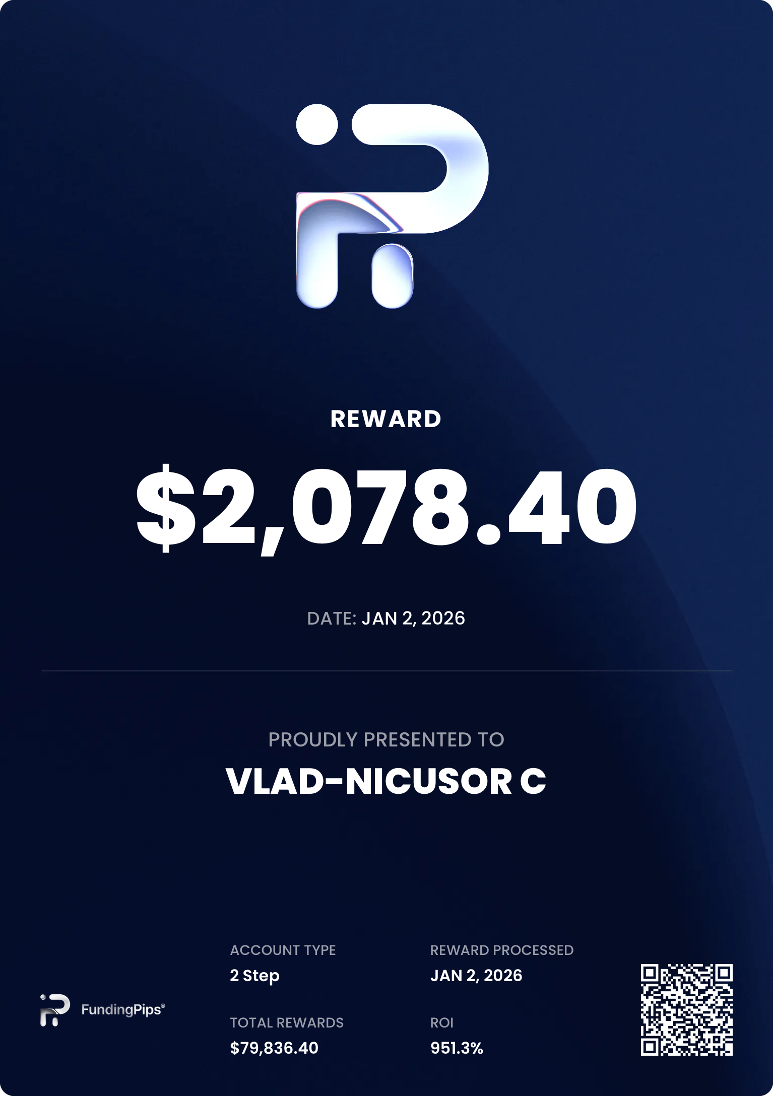 Verified prop firm payout certificate #9 issued to Vlad-Nicusor Crisiarcu