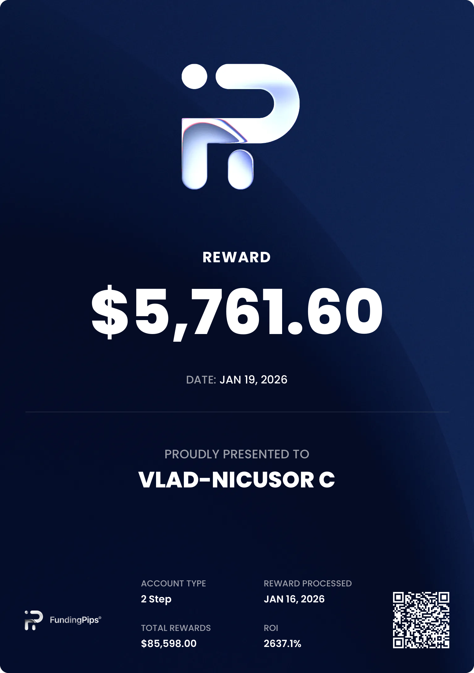 Verified prop firm payout certificate #8 issued to Vlad-Nicusor Crisiarcu