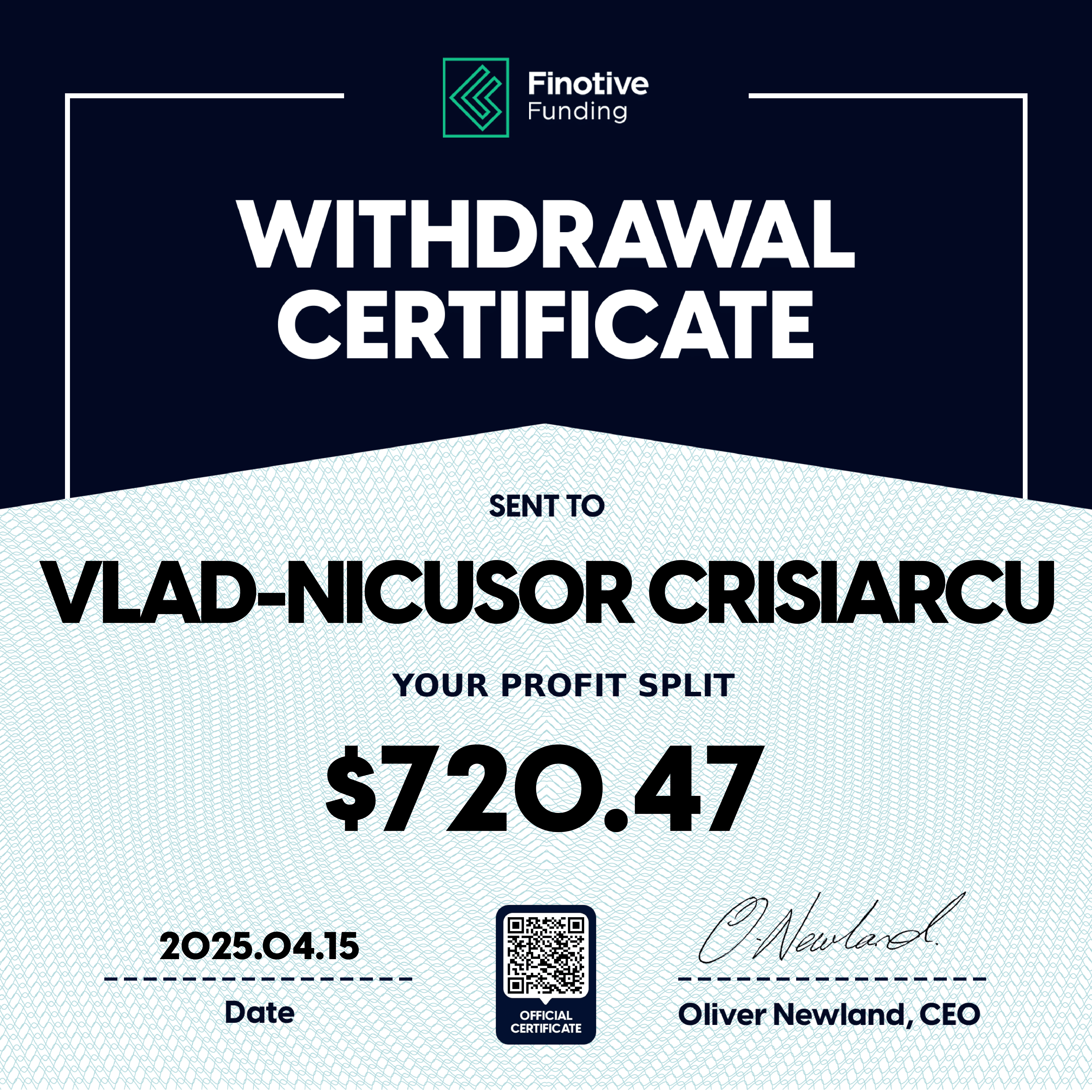 Verified prop firm payout certificate #6 issued to Vlad-Nicusor Crisiarcu
