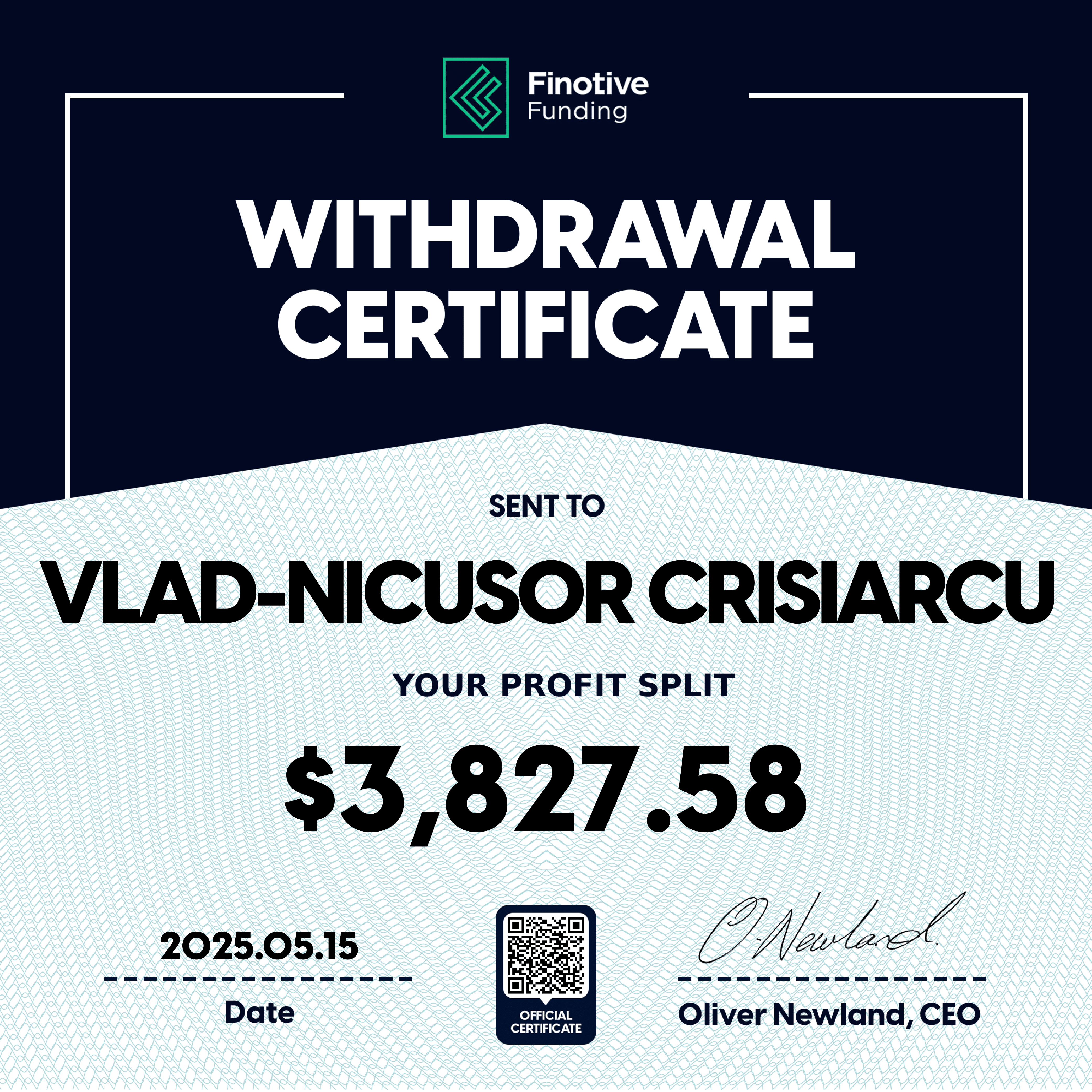 Verified prop firm payout certificate #5 issued to Vlad-Nicusor Crisiarcu