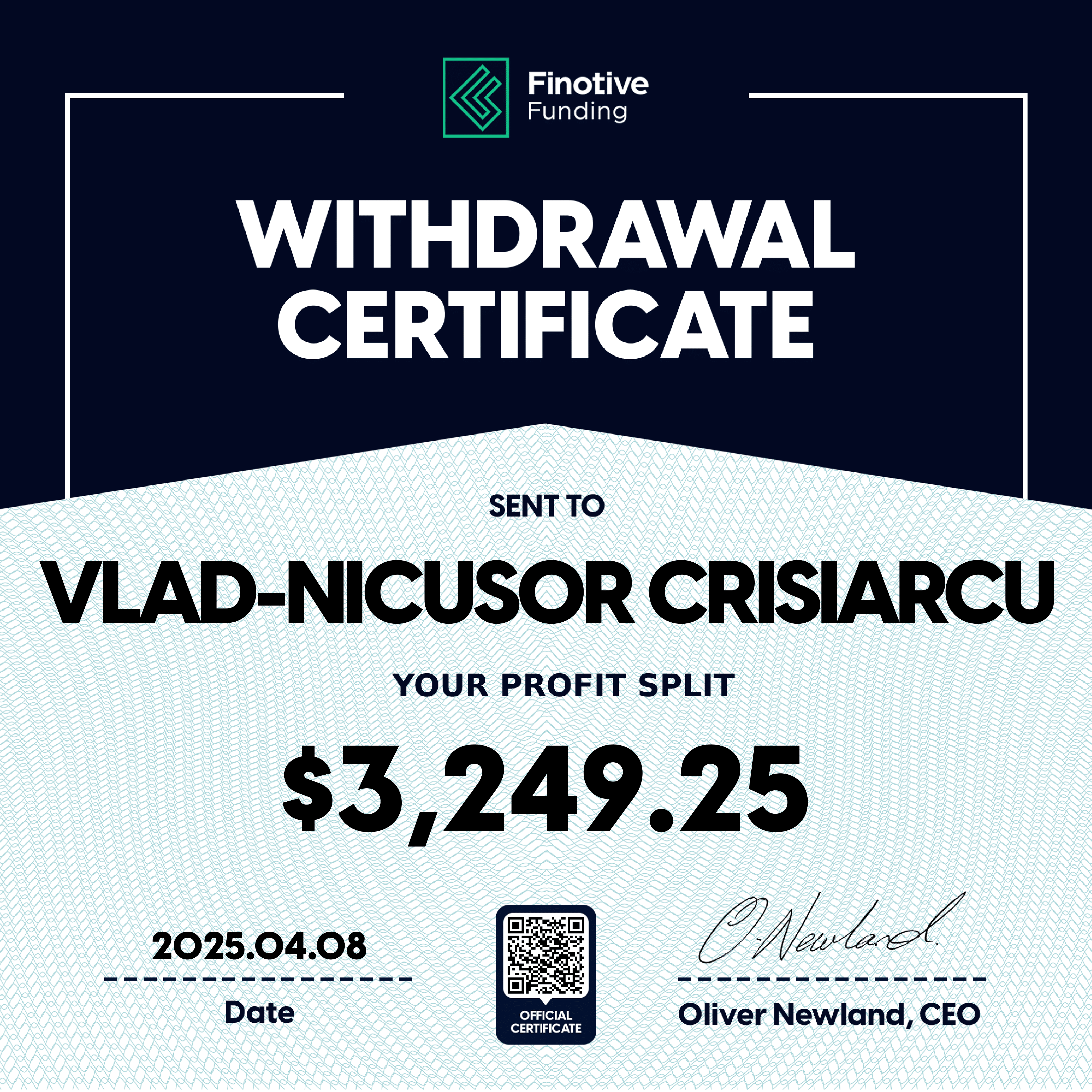 Verified prop firm payout certificate #4 issued to Vlad-Nicusor Crisiarcu