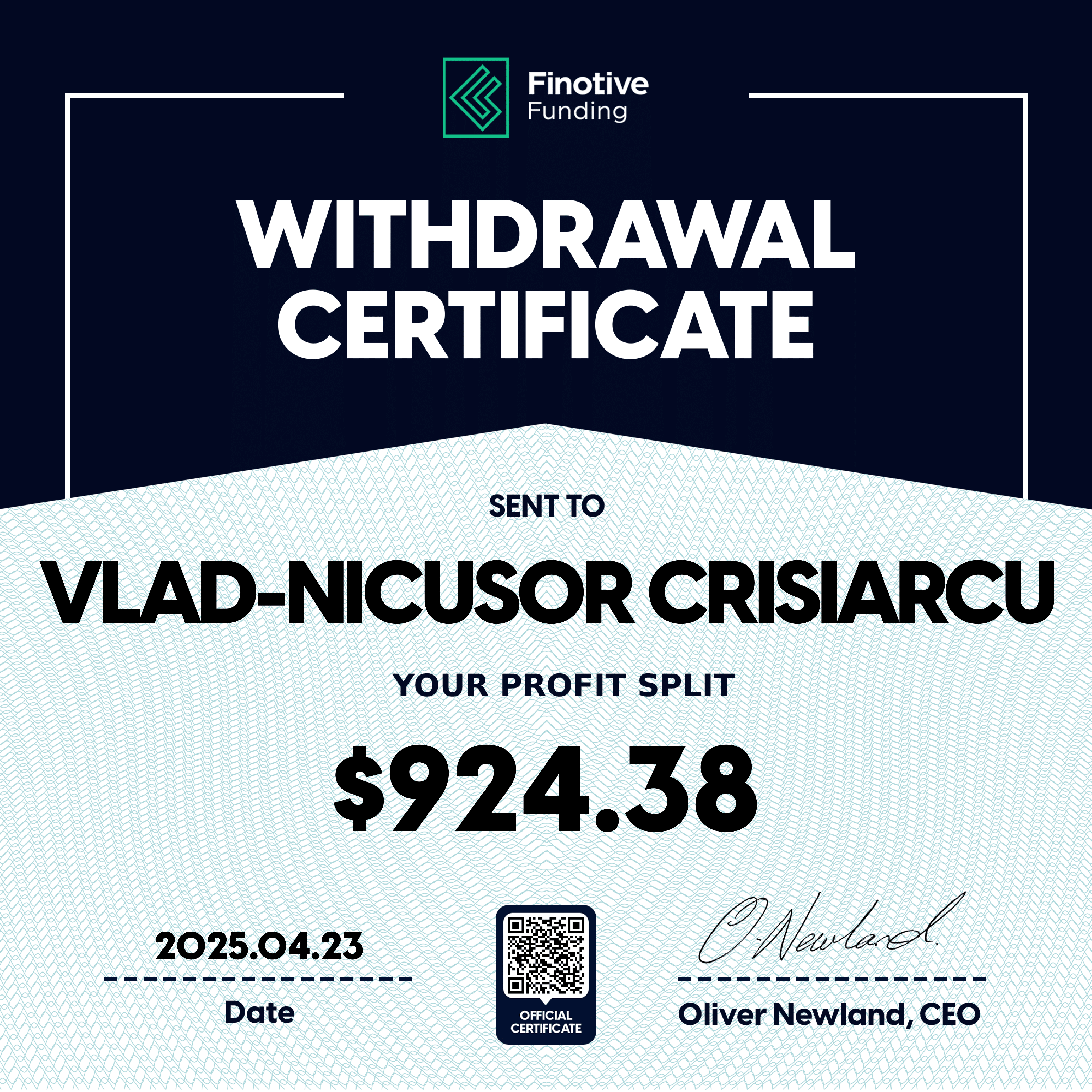 Verified prop firm payout certificate #1 issued to Vlad-Nicusor Crisiarcu