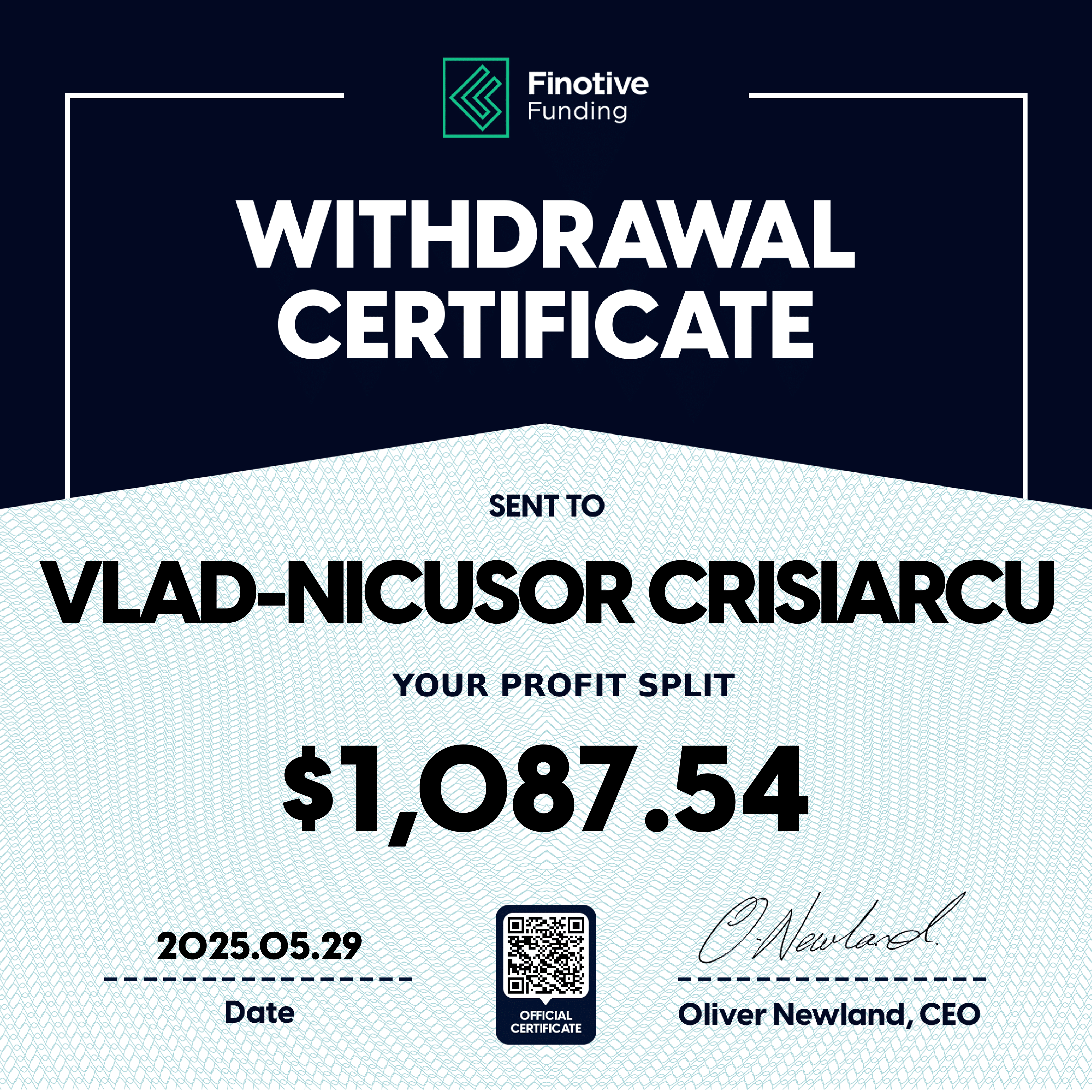 Verified prop firm payout certificate #3 issued to Vlad-Nicusor Crisiarcu