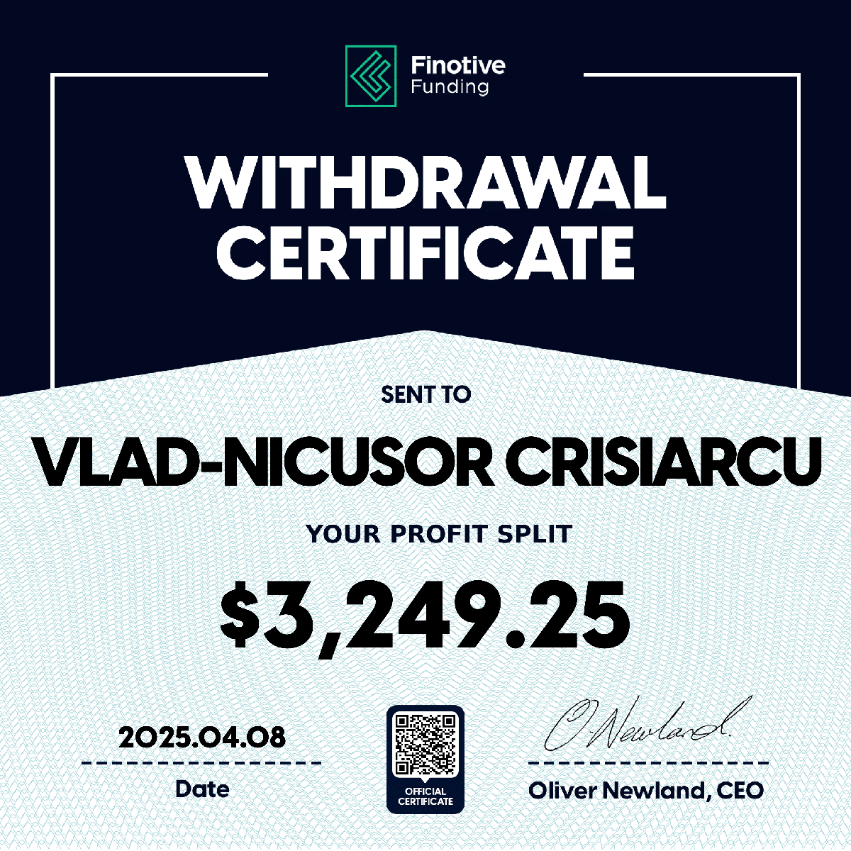 Finotive Funding withdrawal certificate 1 of 7 issued to Vlad-Nicusor Crisiarcu
