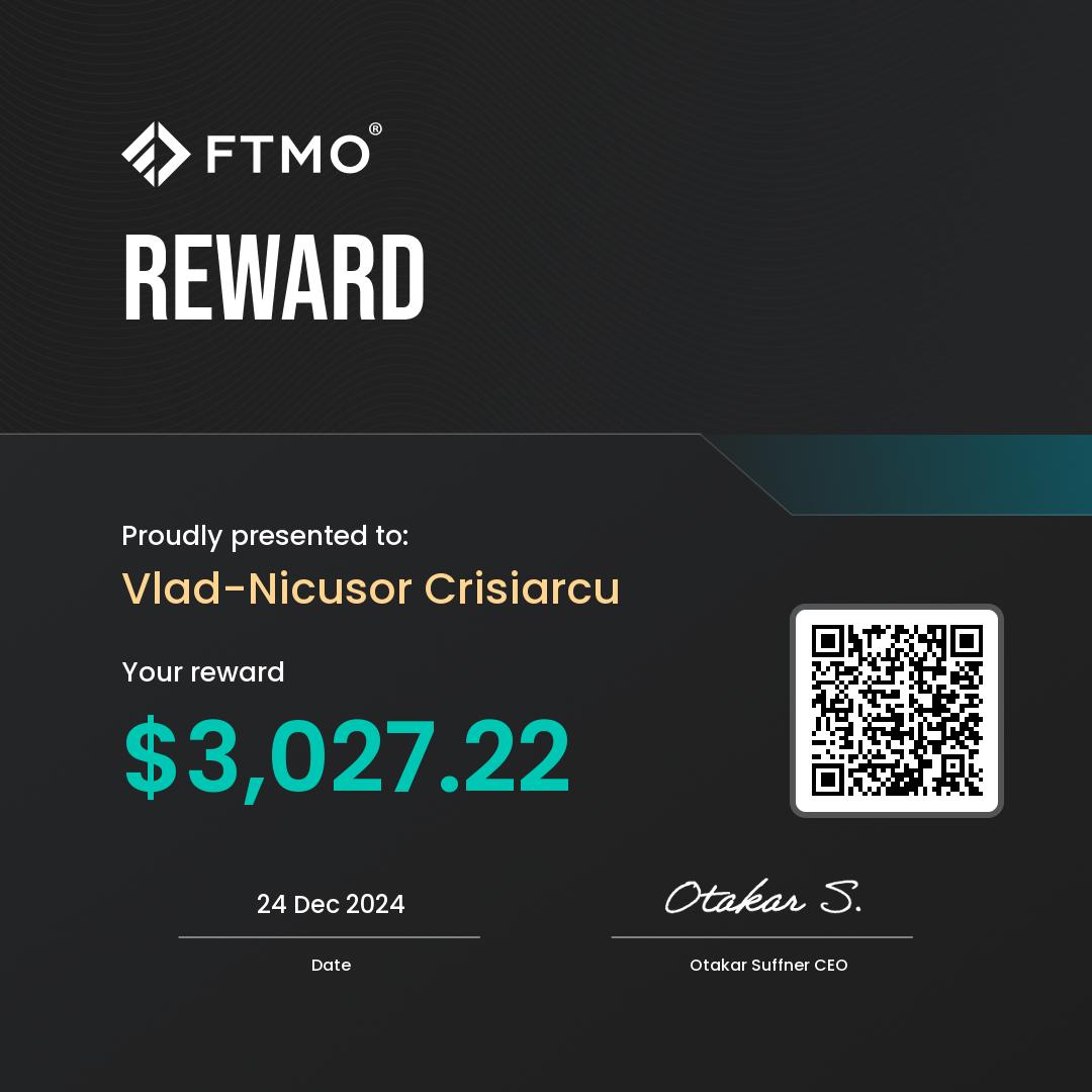 FTMO reward certificate ($3,027.22) issued to Vlad-Nicusor Crisiarcu